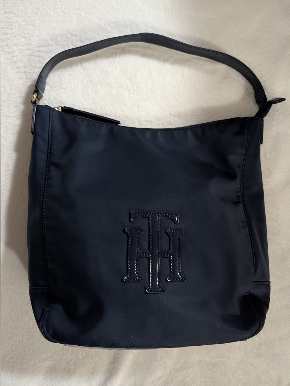 Tommy Hilfiger Navy Shoulder Bag with Embossed Logo, Great Handbag